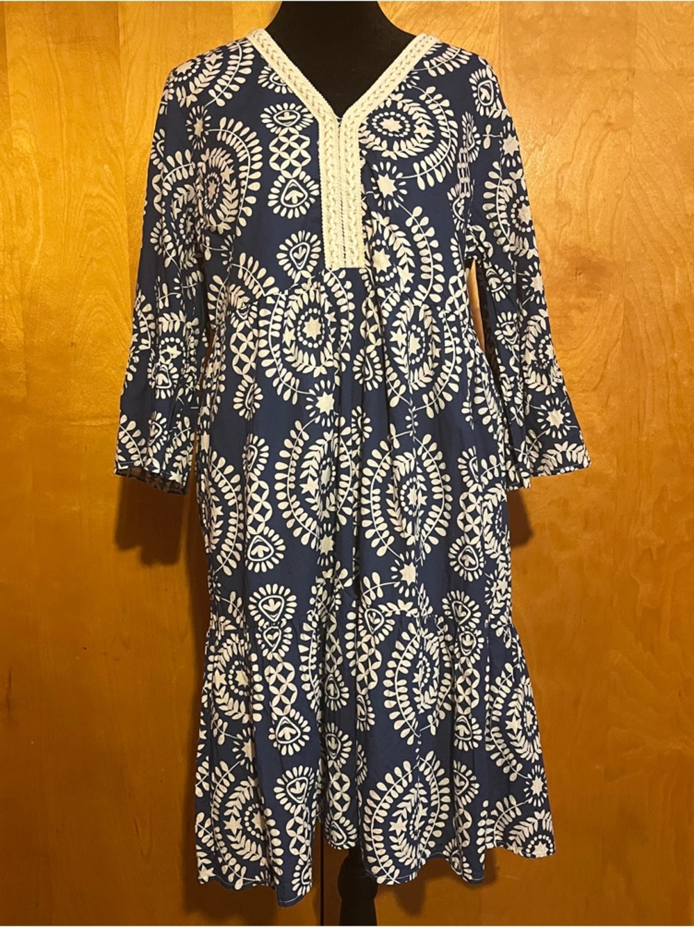 Saiph Large Blue & White Santorini Midi Dress with Crochet V-Neck- Made in Italy